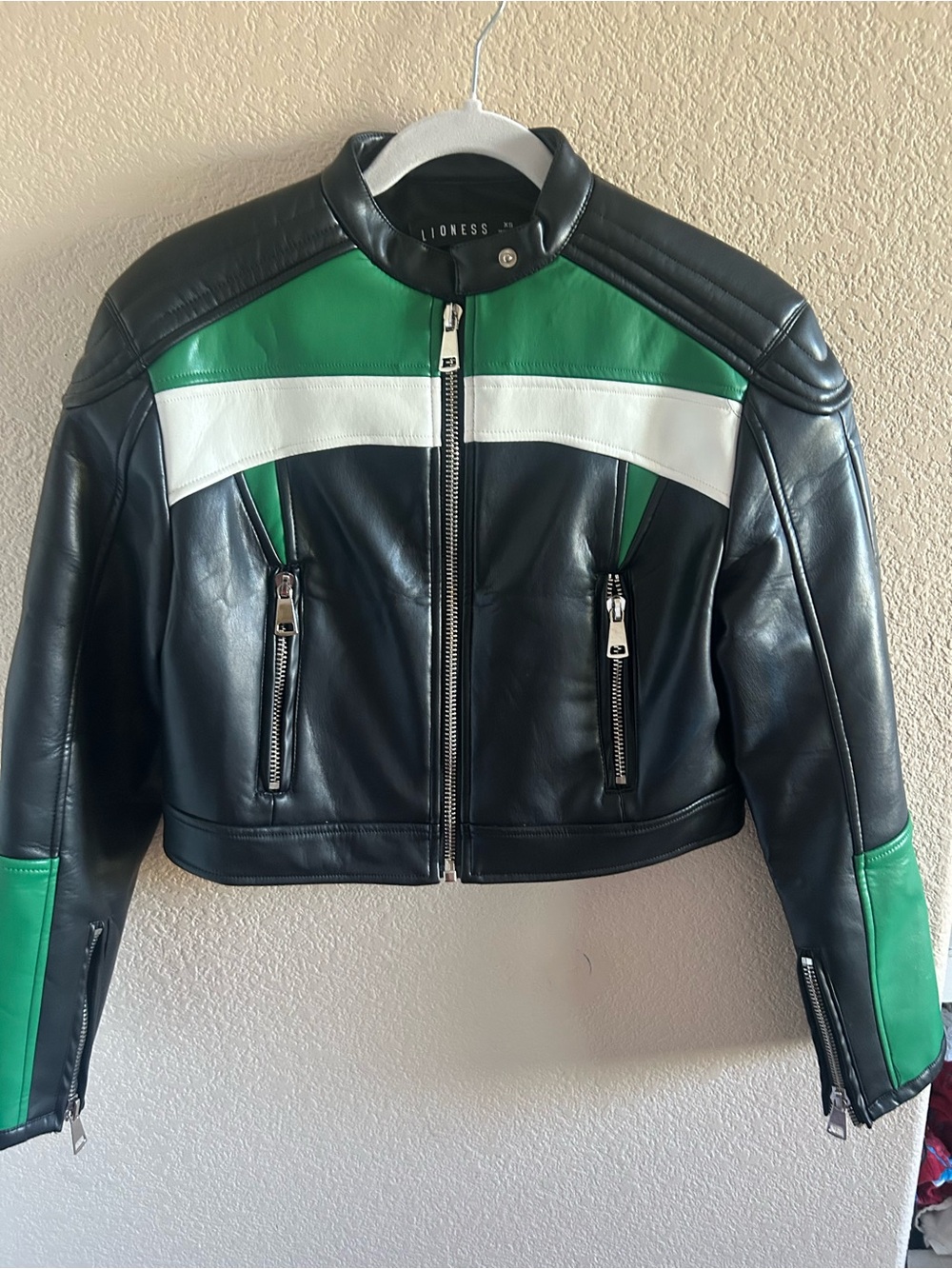 Lioness Black Leather Bomber Jacket with Green & White Panels